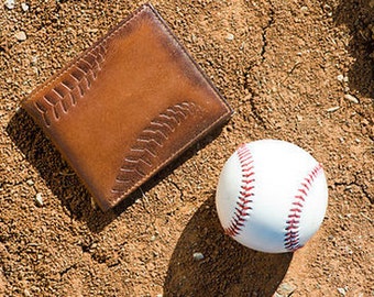 BASEBALL DOUBLE I.D. Bifold Embossed Leather Wallet • PERSONALIZED Leather Wallet • Men's Gifts • Baseball Wallet