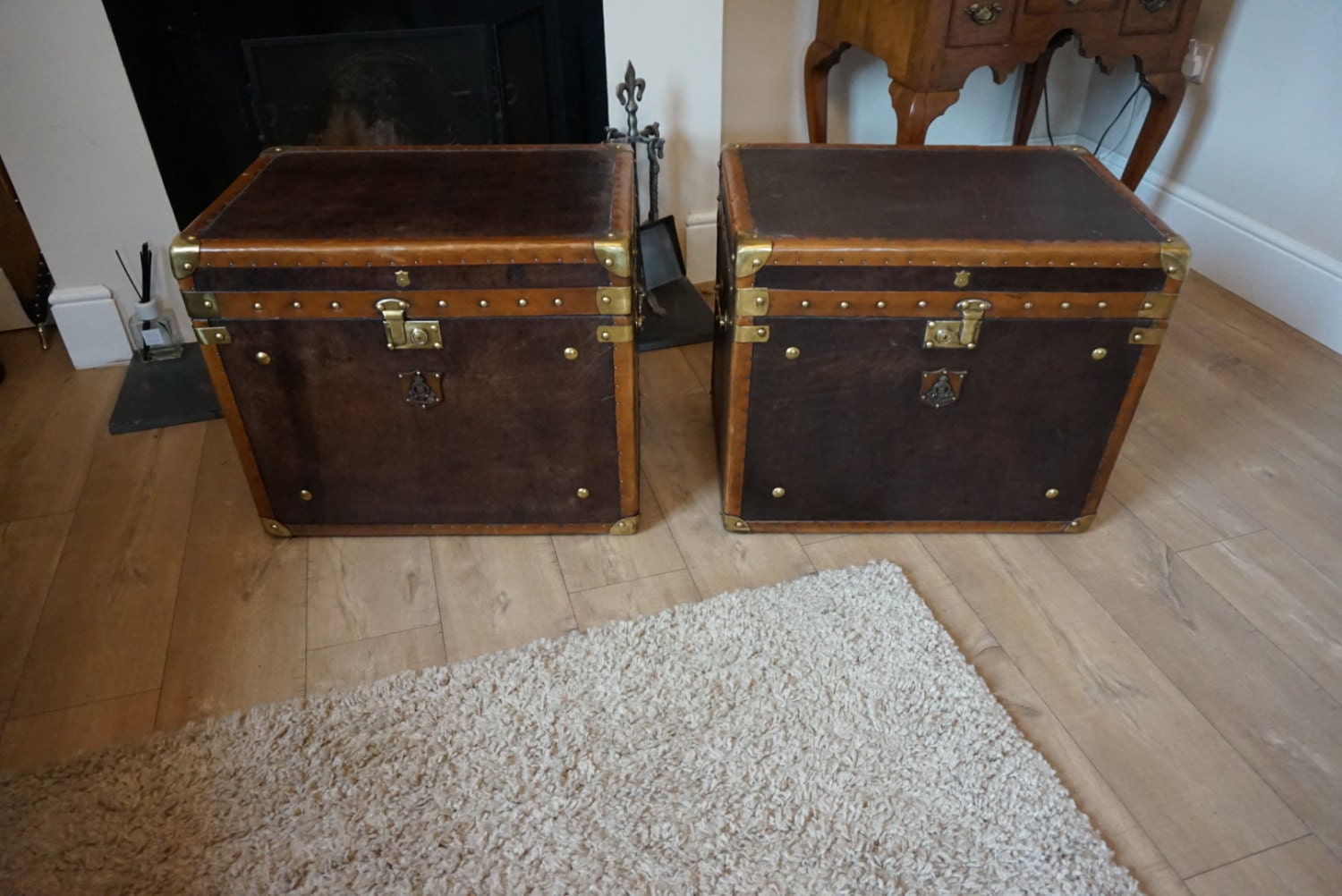 Pair English Leather Luggage Trunks Haute Juice