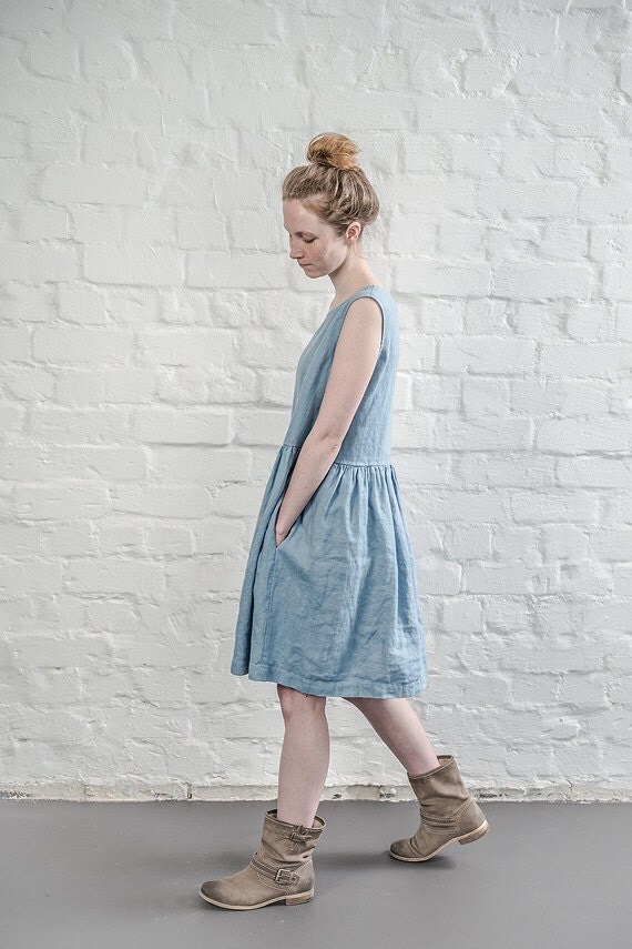 Linen dress. Swedish blue linen loose dress