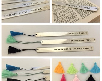 Personalised book mark, stamped Aluminium, customised copper bookmark, readers gift, book lover, tassel, brass bookmark, Christmas present