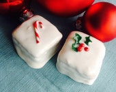 Petit Four Christmas Ornament, Red and White Decoration, Vanilla Icing Glaze, Candy Cane, Holly, French Pastry, Small Cake