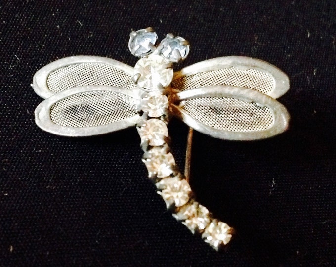 Storewide 25% Off SALE Enchanting Vintage Silver Tone Designer Petite Dragonfly Brooch Featuring Clear Body Rhinestones and Powder Blue Rhin