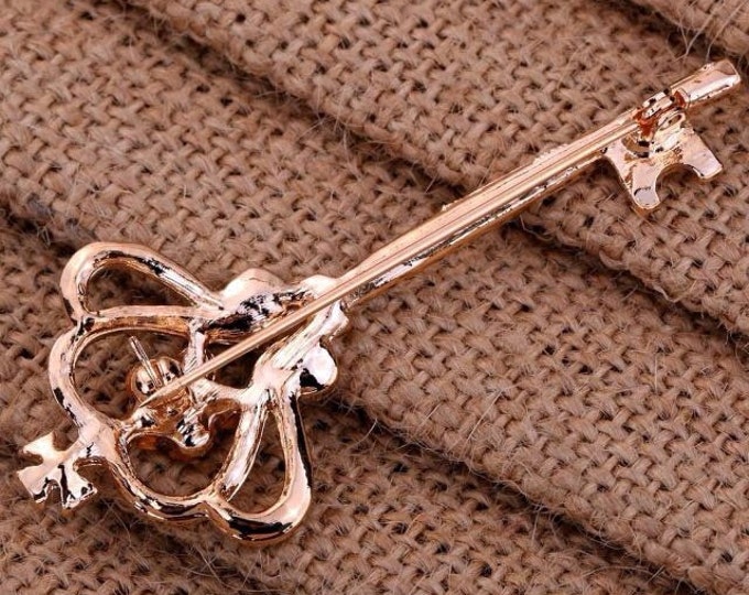 Storewide 25% Off SALE Beautiful Eclectic Articulated Gold Tone Skeleton Key Brooch Featuring Royal Crown Top & Articulated Rhinestone Accen