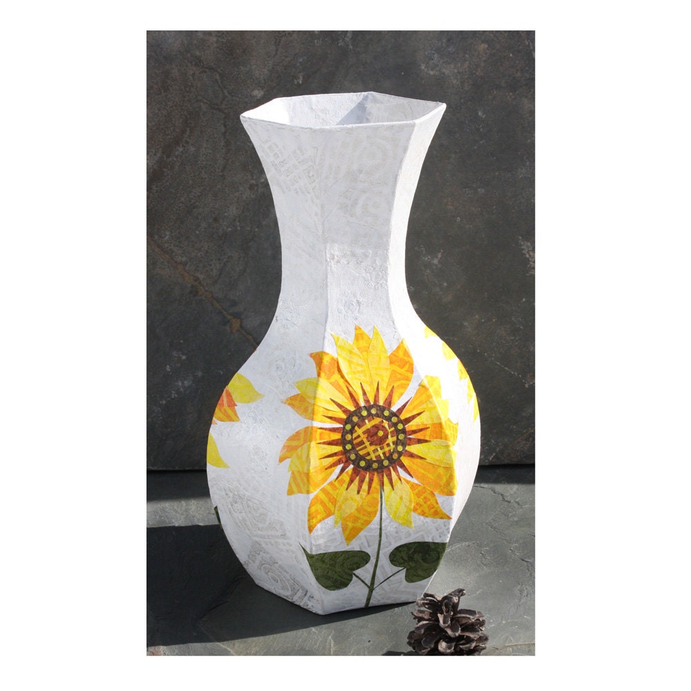 Three Sunflowers Collaged Papier Mache Vase by pineconeandsparrow