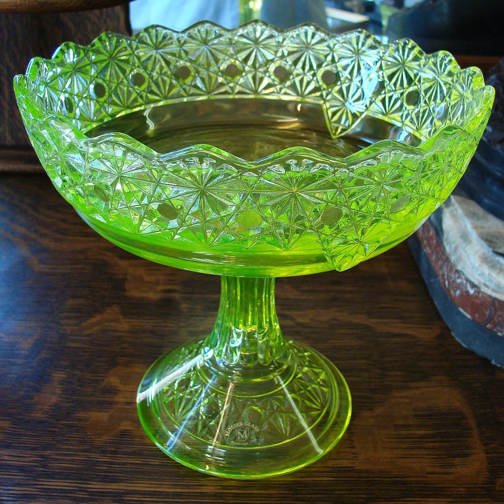 Vintage Vaseline Glass Large Compote Stunning Mosser Bright