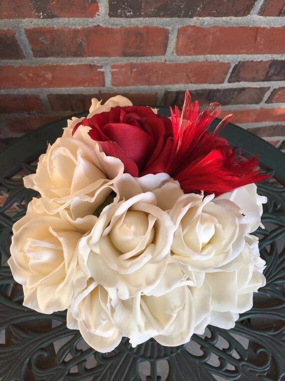 True Touch Rose Centerpiece Ivory and Deep Red by MerryMeBouquets
