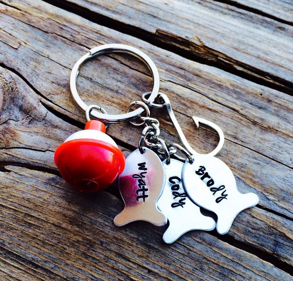 Personalized Hand Stamped Fish Key Chain Set Dad/Grandpa
