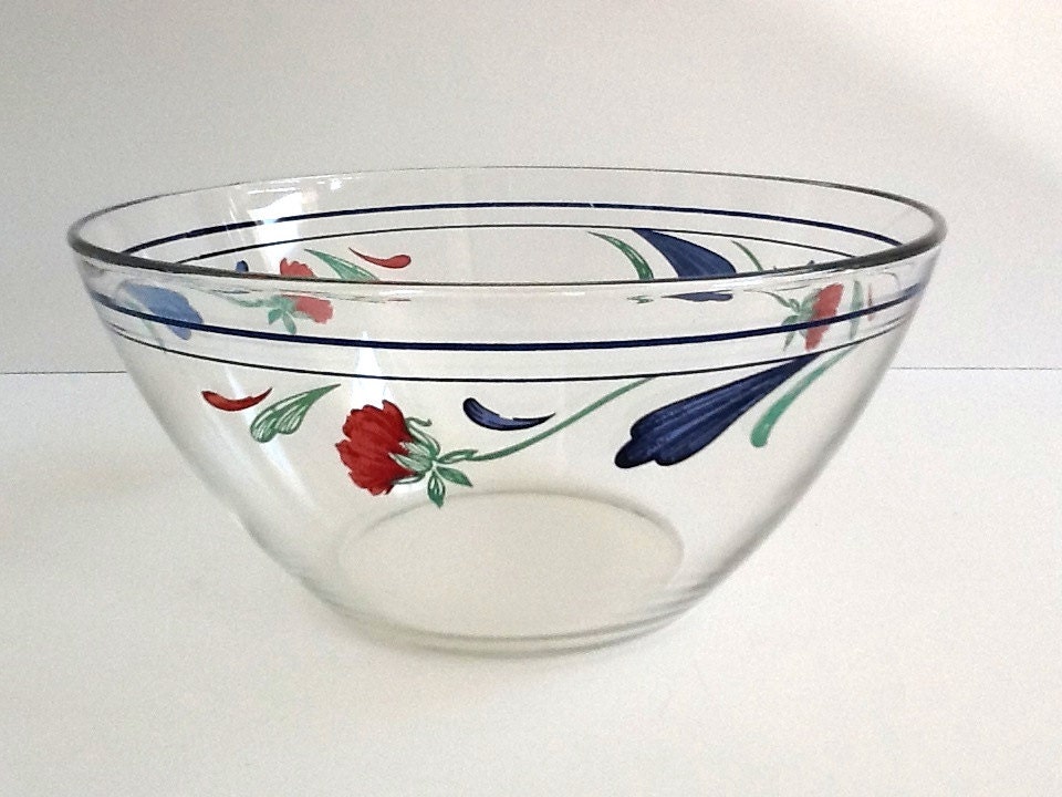 Arcoroc France Glass Bowl Lenox Poppies on Blue Glass Salad