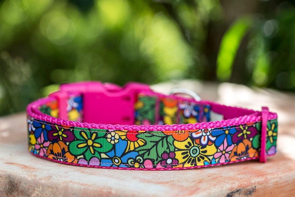 Pink Purple Blue Flowers Dog Collar / Australian Made