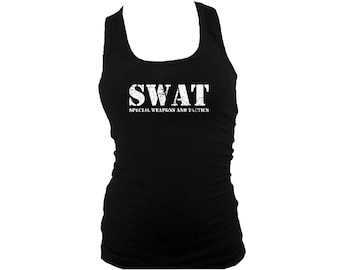 SWAT distressed print military black raserback tank top women S,M,L,XL