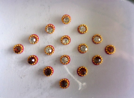 16 Golden silver red crystal bindi small size by BindiCollection