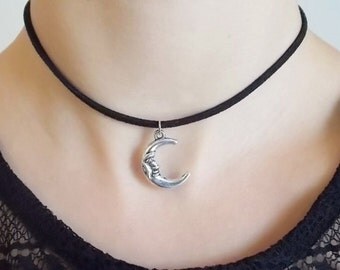 silver moon choker moon necklace grunge jewellery gift for women black suede choker necklace bff gift moon jewellery