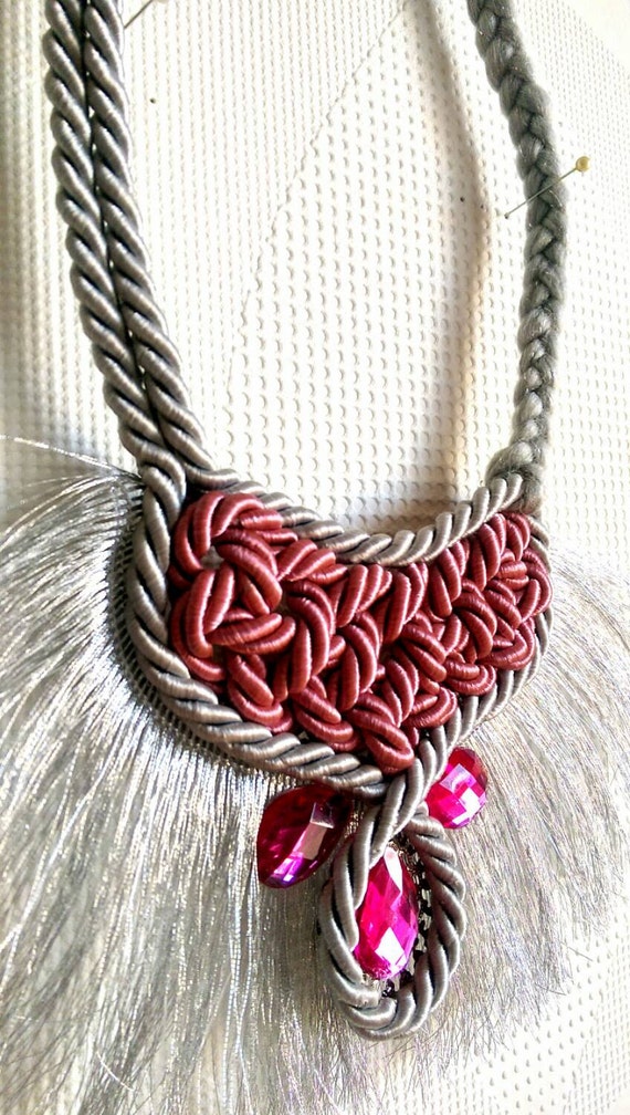 Grey rope necklace Braid necklace pink Silver by SaraKeyHandmade