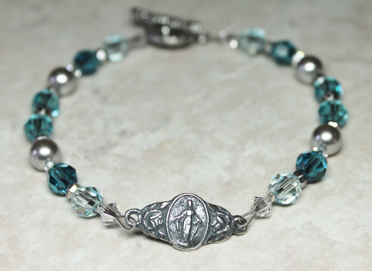 Woman's Catholic Bracelet Blue Crystal Miraculous Mary