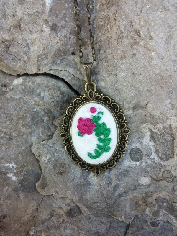 Pink Flower Embroidered Pendant Necklace Long by RedWorkStitches