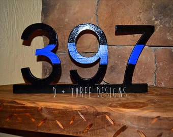 Police Officer Thin Blue Line Wooden Badge Number Decor