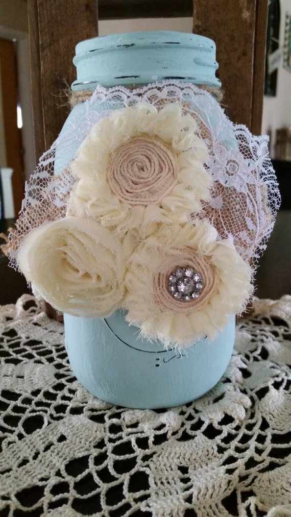shabby chic flowered mason jar duck egg blue chalk painted shabby chic flowered mason jar duck egg blue chalk painted