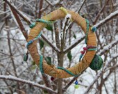 Gold upcycled sari silk wrapped bangle bracelet with gemstone beads.  Boho style, casual, wearable fiber art jewelry