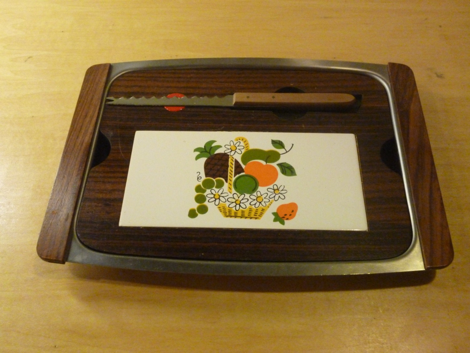Vintage Cheese and Cracker Tray, Ceramic Tile with Knife and Chrome Tray Haute Juice