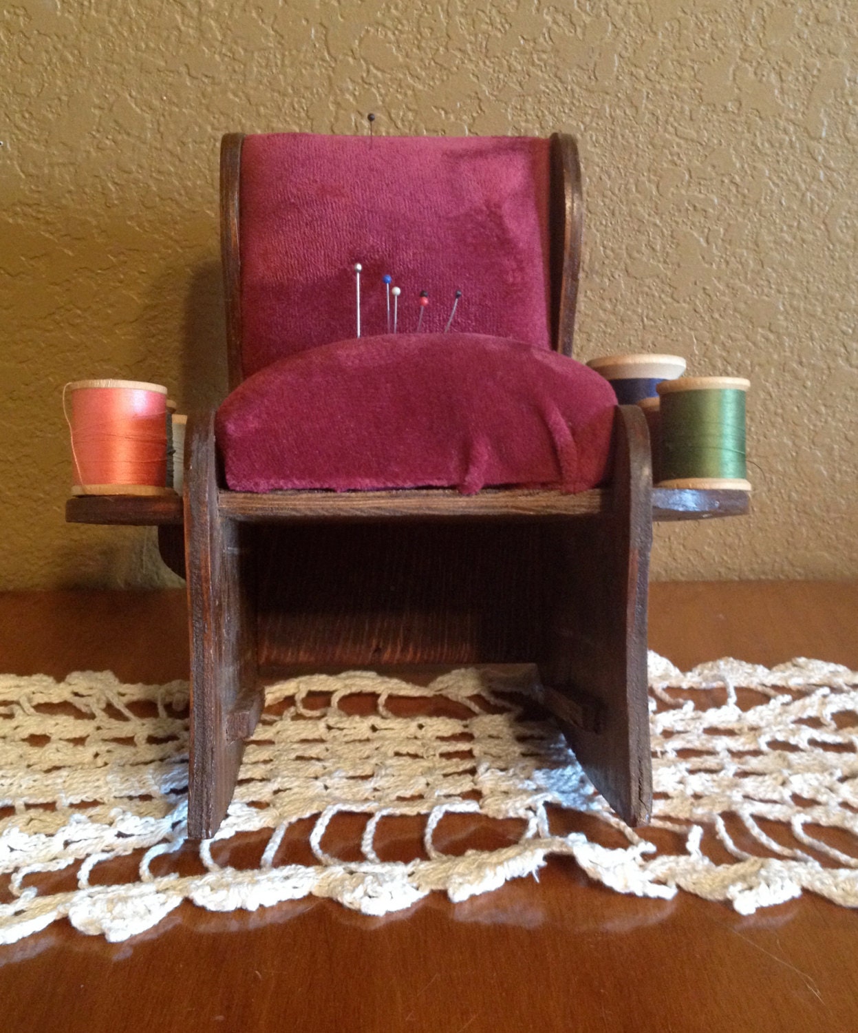 Vintage Rocking Chair Pin Cushion and Thread by