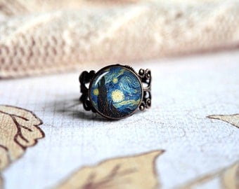 Van Gogh The Starry night adjustable ring, antique silver or antique bronze. Choose your finish