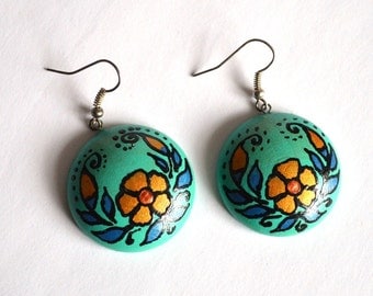Turquoise earrings|for|her wood jewelry Boho Earrings handmade eco jewelry wooden earrings gift|for|women folk jewelry paint Green earrings