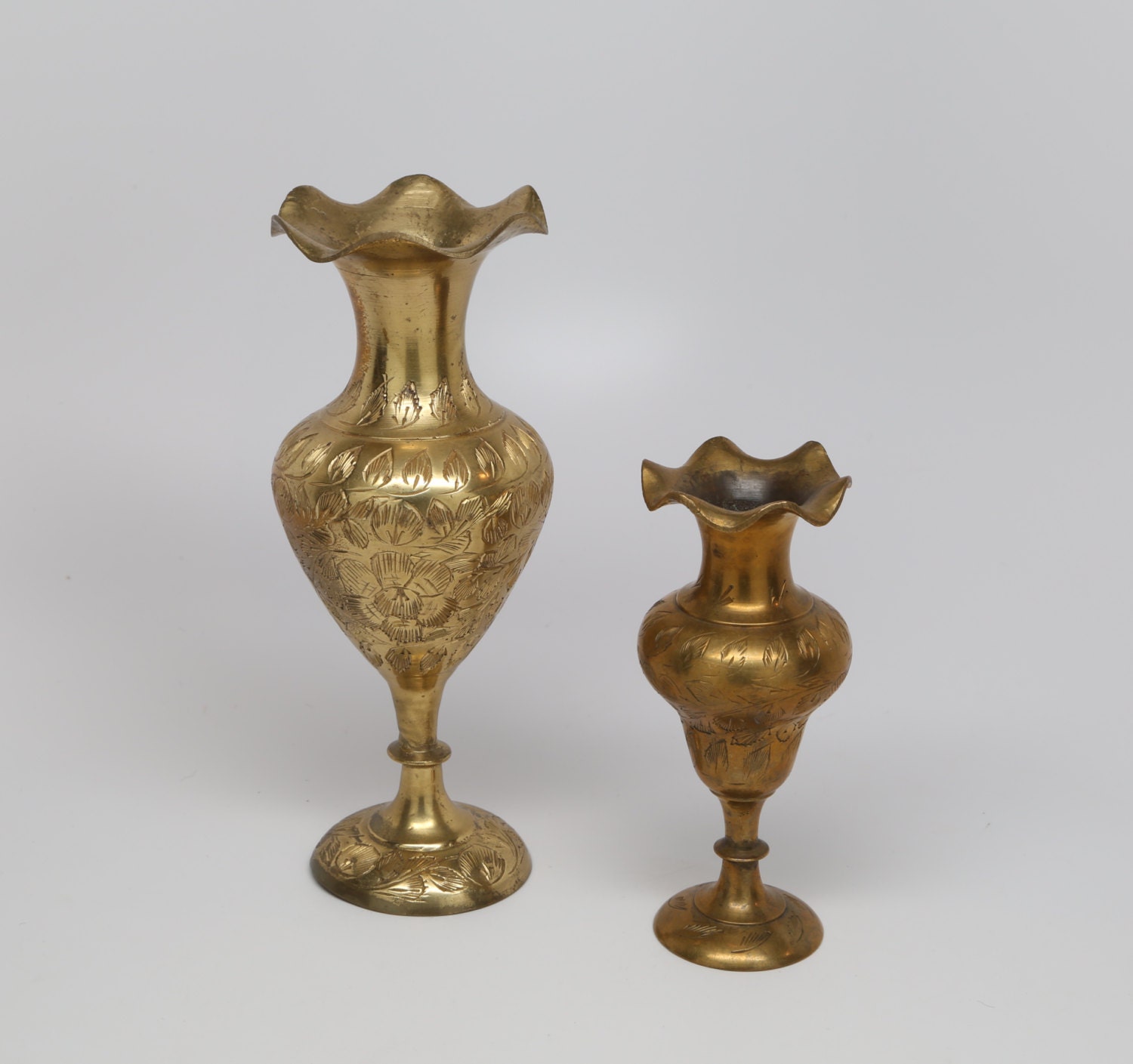 1960's India Small Brass Vases 2 pc. Etched by GwendalysaArts