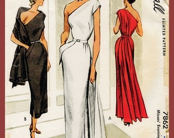 1940s 1950s vintage gown sewing pattern evening cocktail dress one shoulder paneled drape bust 30 32 34 36 repro English & French