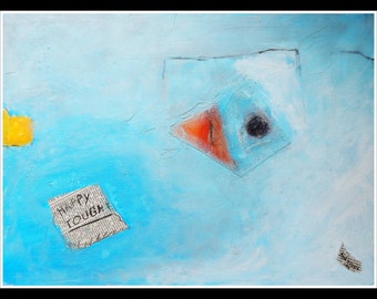 Modern Artwork - Original Abstract Painting Turquise Blue White Colorful Acrylic Mixed Media Collage Charcoal Modern Wall Art 51 x 37 cm