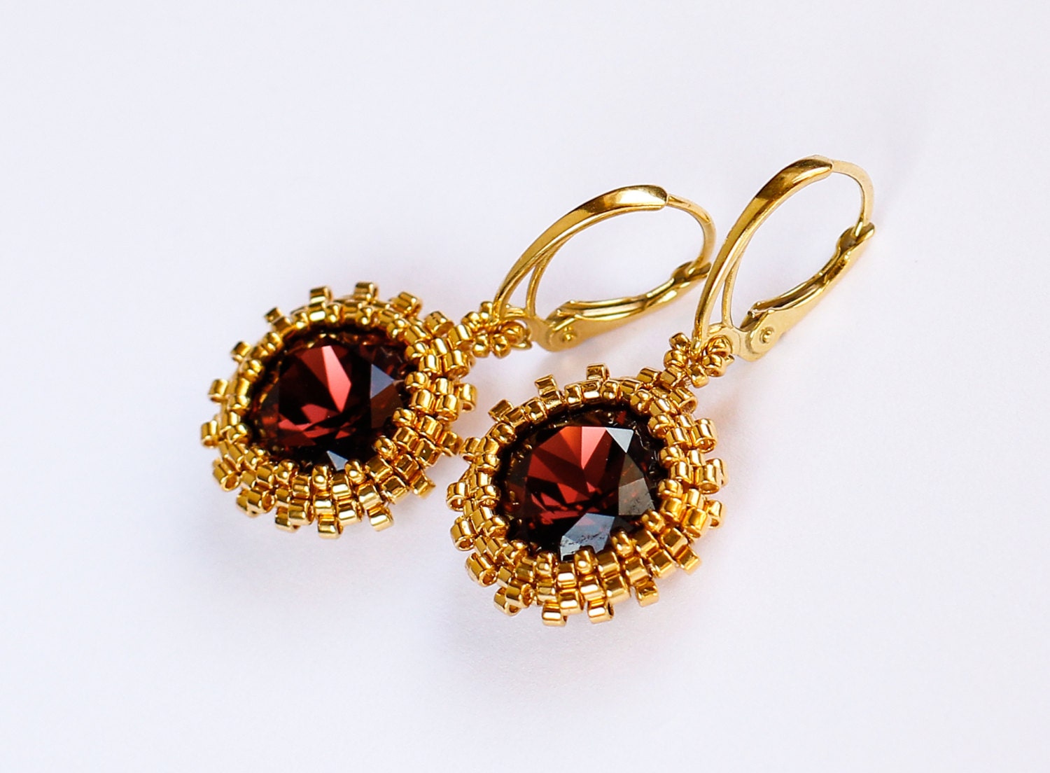 Beadwork Gold Earrings with Burgundy Swarovski by