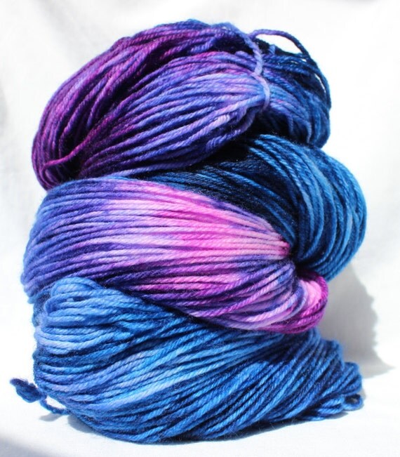 Hand dyed yarn, Blue / purple / pink yarn, variegated yarn, worsted