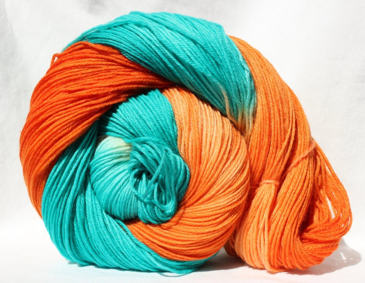 Hand dyed yarn orange / aqua yarn fingering weight yarn