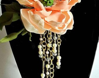 Peachy anemone cold porcelain Flower Necklace, elegant jewelry, unique necklace