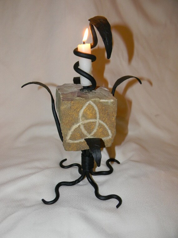 Items similar to Stone and Metal Candle Holder, Handcarved Celtic