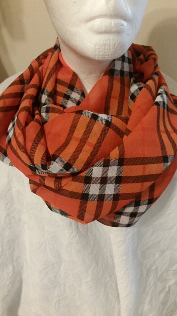 Orange Black white plaid infinity scarf ready to ship by LionLetty