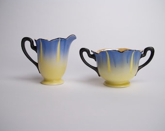 Japanese Lusterware Painted Cream and Sugar Home decor colors blue yellow and black