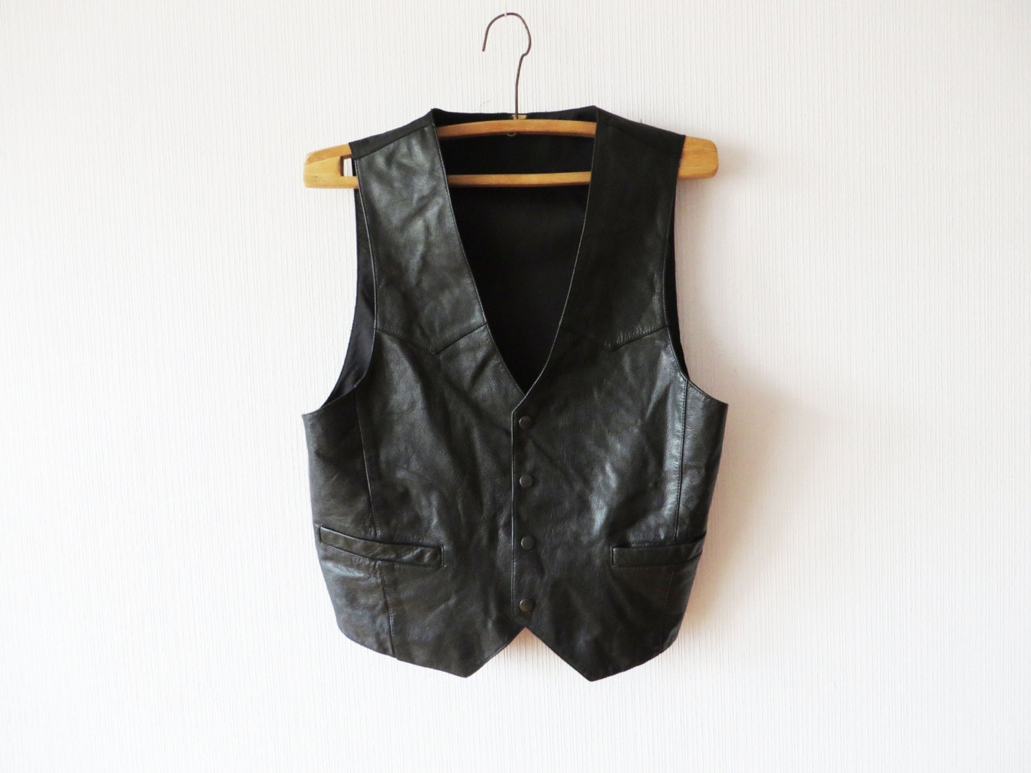 Black Leather Mens Vest Metallic Buttons Waistcoat Gentlemen's Boho Biker Motorcycle Size Medium