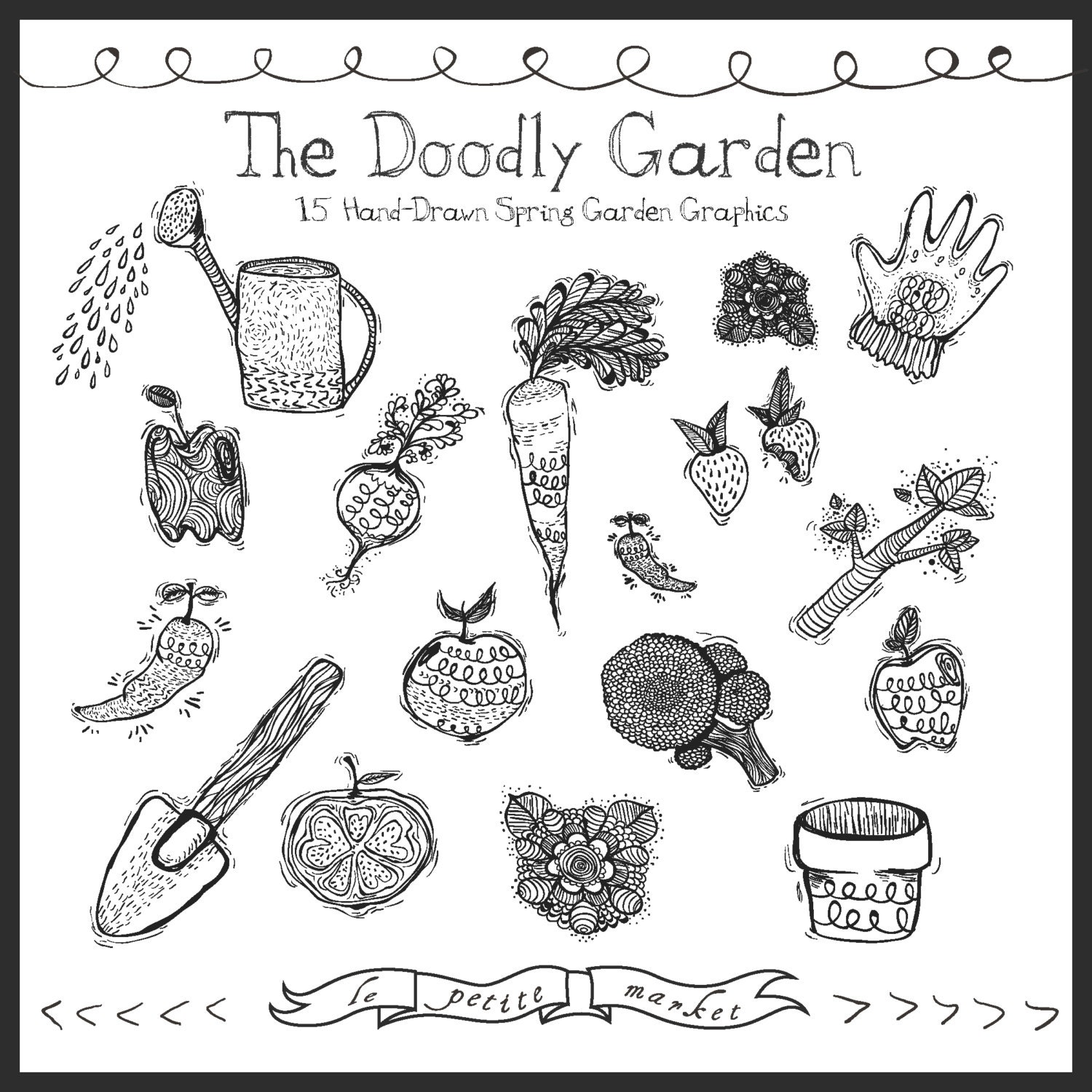 Hand Drawn Digital Garden Clipart Doodle Garden Illustration