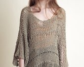 Boho summer sweater for women made of cotton, handknit, oversized, unique design, in olive color with a loose knit and drop stitches