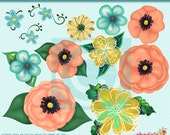 Aqua and Coral Flowers Clip Art, Floral Clipart, Clip Art, Digital Scrapbooking, Digitals, PNG Digital Files, 12 Floral Graphics, Botanicals