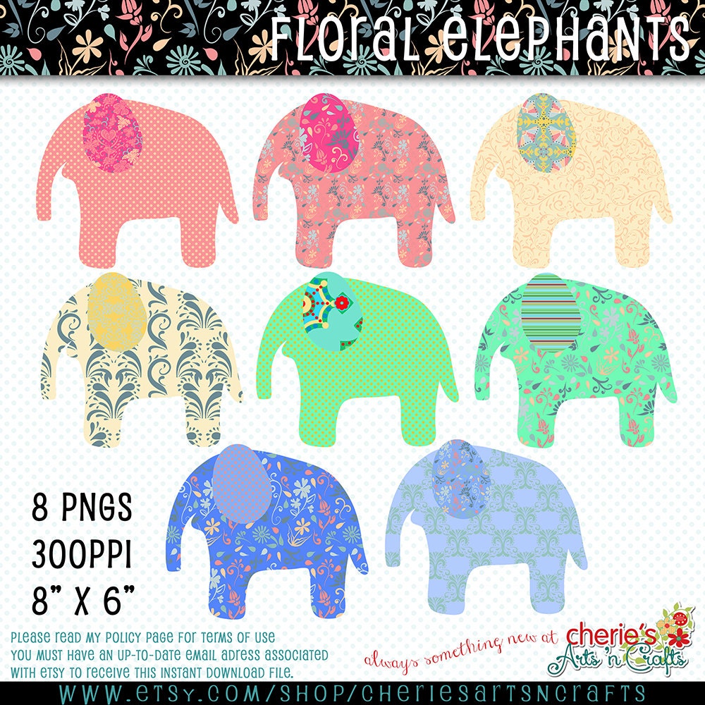 Floral Whimsical Elephant Clip Art Set Elephant Graphics