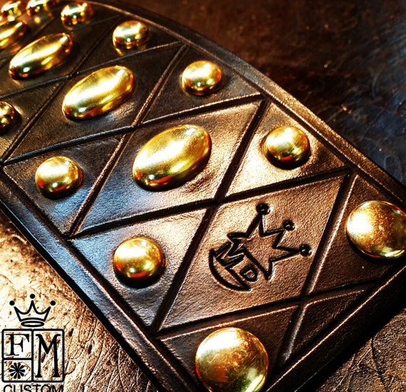 Leather cuff Bracelet Custom Black and Brass wristband Harlequin studded Diamonds Made for YOU in NYC by Freddie Matara