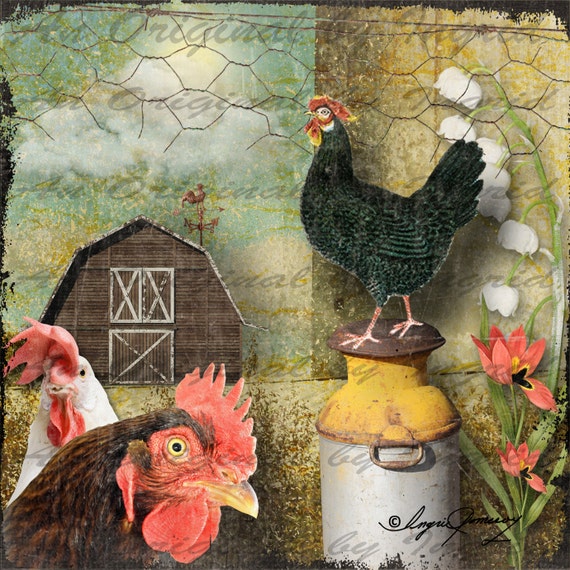 On the Chick Farm Digital Collage Greeting Card (Suitable for Framing)