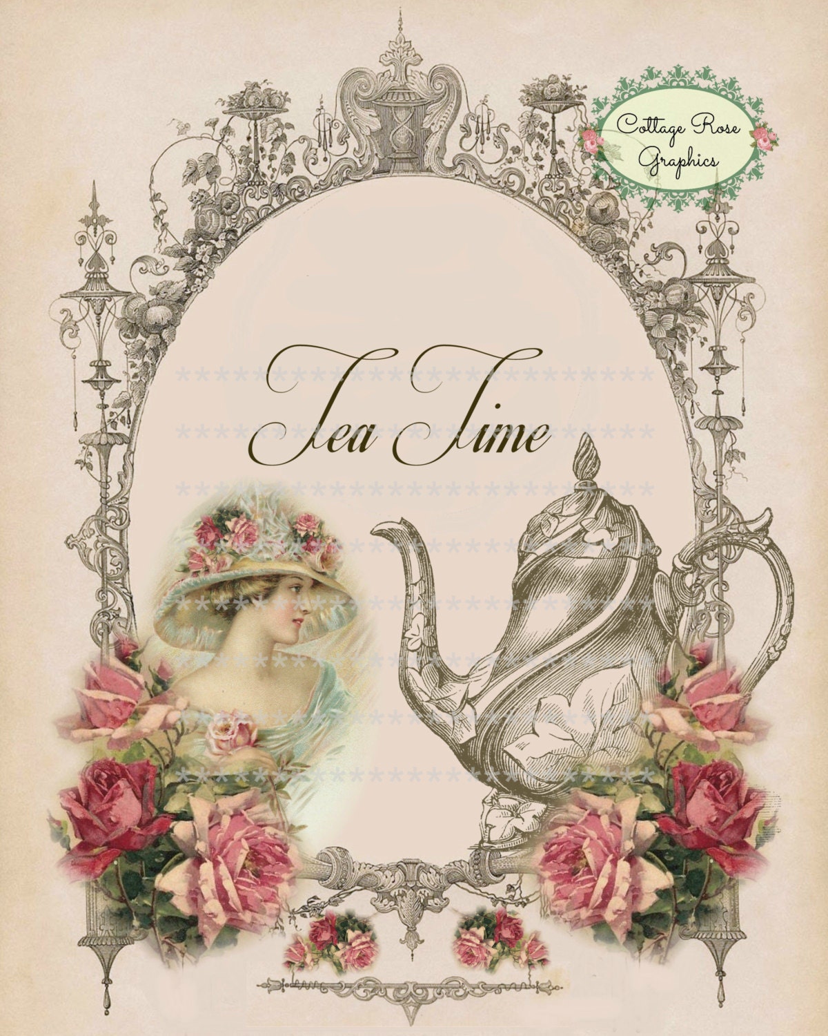 Victorian Tea Time Large digital printable download pink