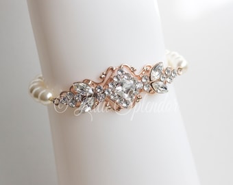 Rose Gold Bridal Bracelet Crystal Wedding Bracelet Art Deco Pearl Wedding Jewelry KATRINA PEARL