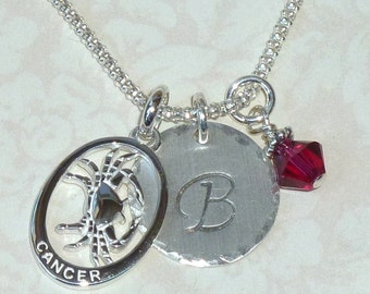 Cancer Zodiac Necklace - Personalized Cancer The Crab Hand Stamped Sterling Silver Initial Charm Necklace - Cancer Star Sign