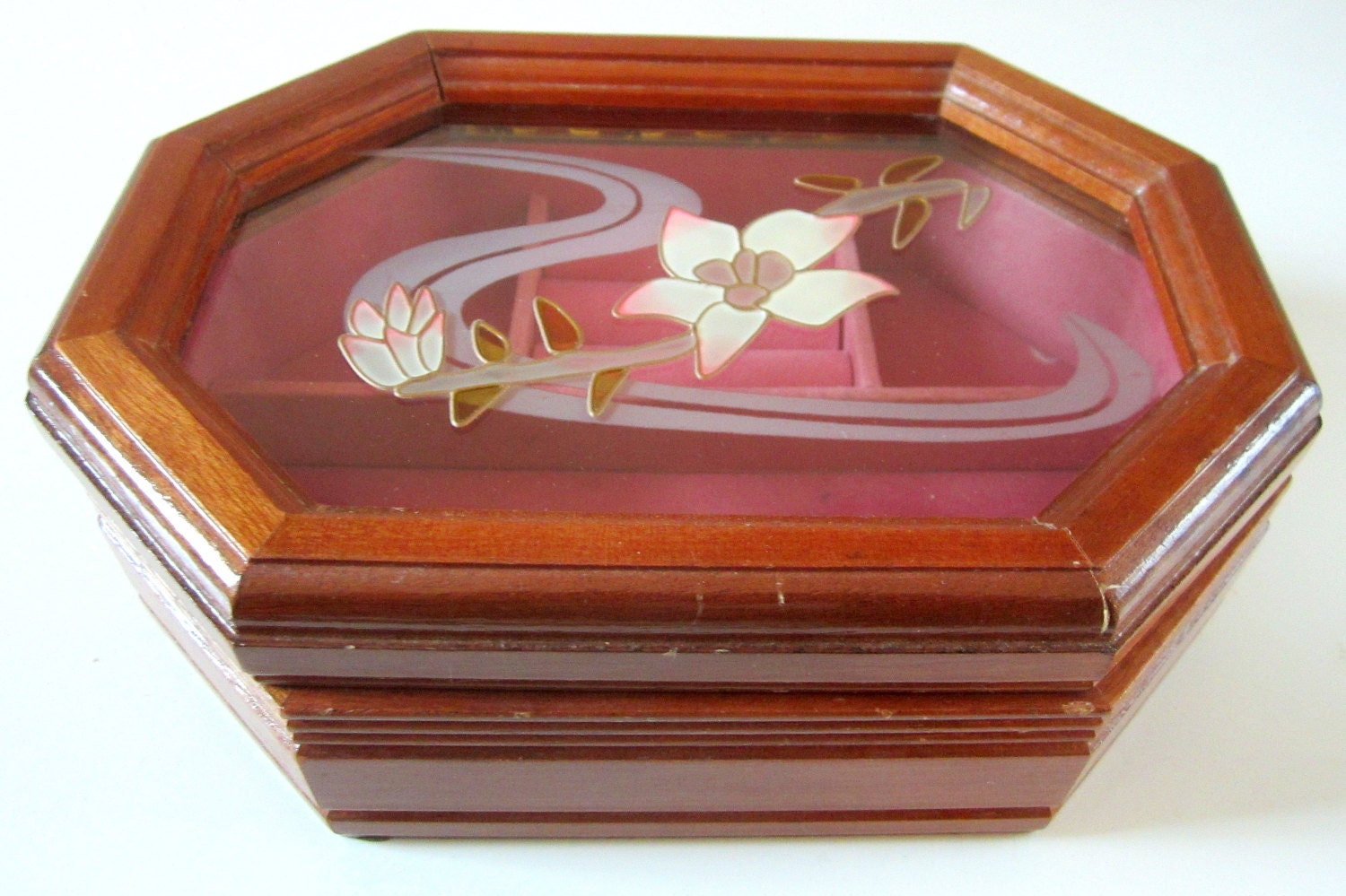 Wood Jewelry Box Stained Plastic Glass Floral Lid Vintage