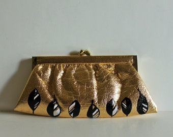 Brides Purse - Vintage Gold Clutch with handpainted leaves