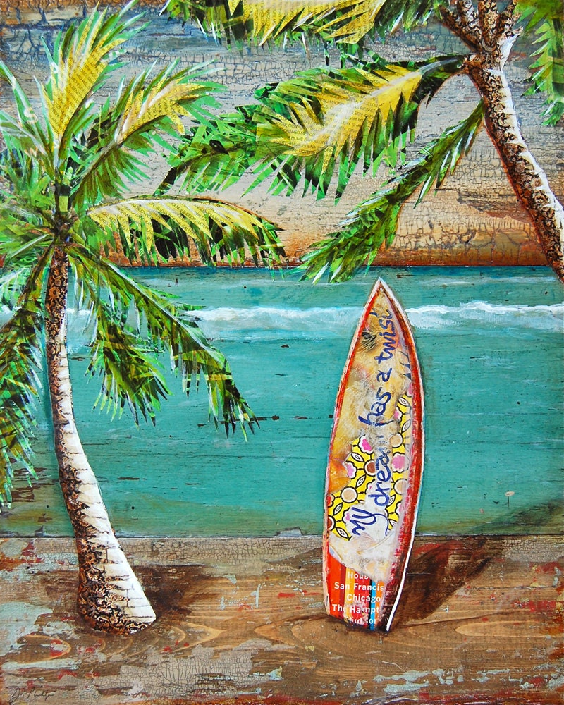 SURF art PRINT or CANVAS Surf's Up palm trees Surfboard