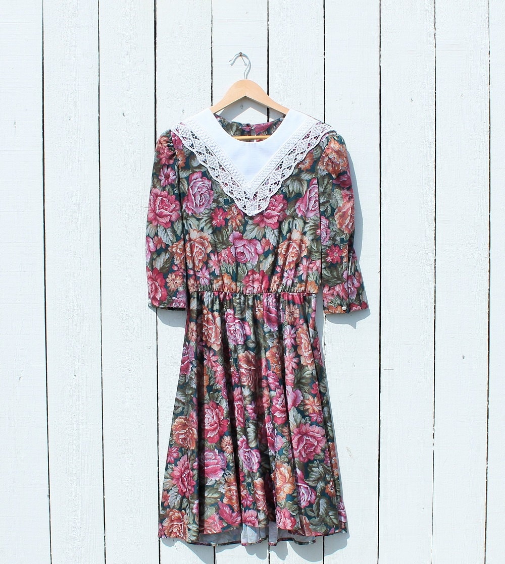 Vintage 80s Dress / FLORAL TAPESTRY / Lace / M L